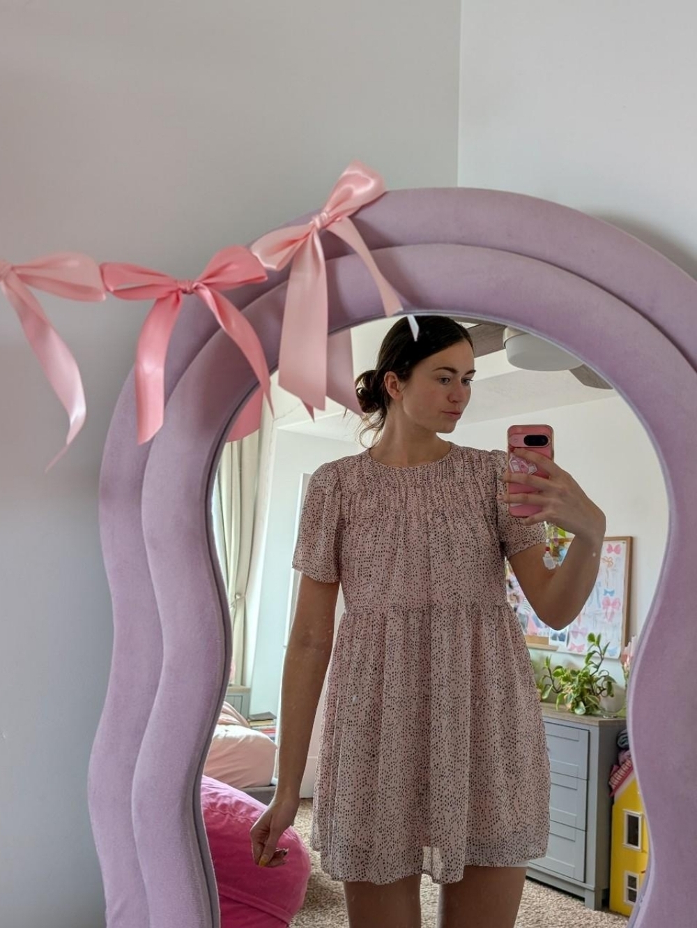Elegant Flowy Pink Polka Dot Tiered Dress Size Medium